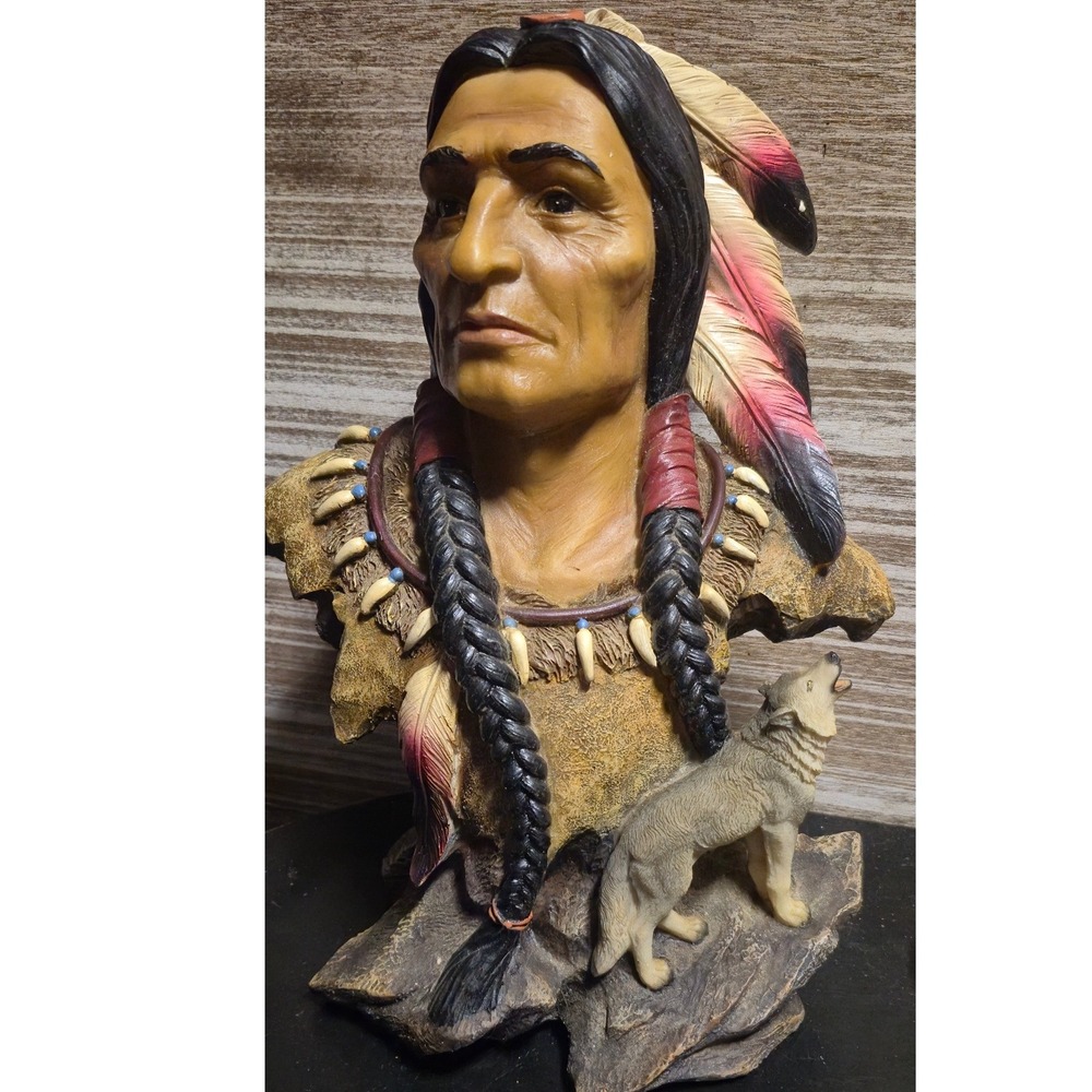 Native American Chief Bust Figurine with Howling Wolf Resin Sculpture‎ 12 inch